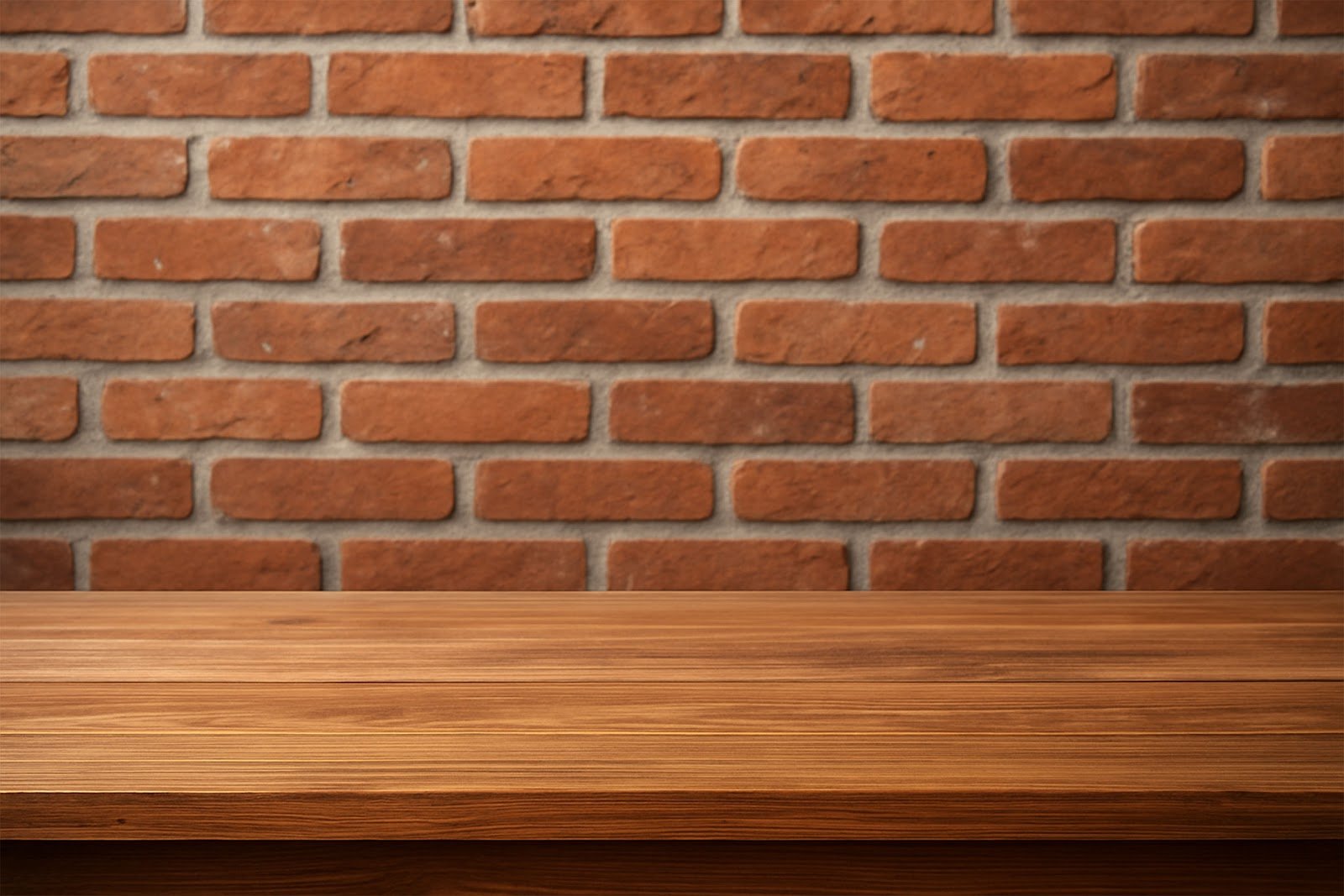 Wooden Table Mockup in Front of Brick Wall – Free Download for Designers