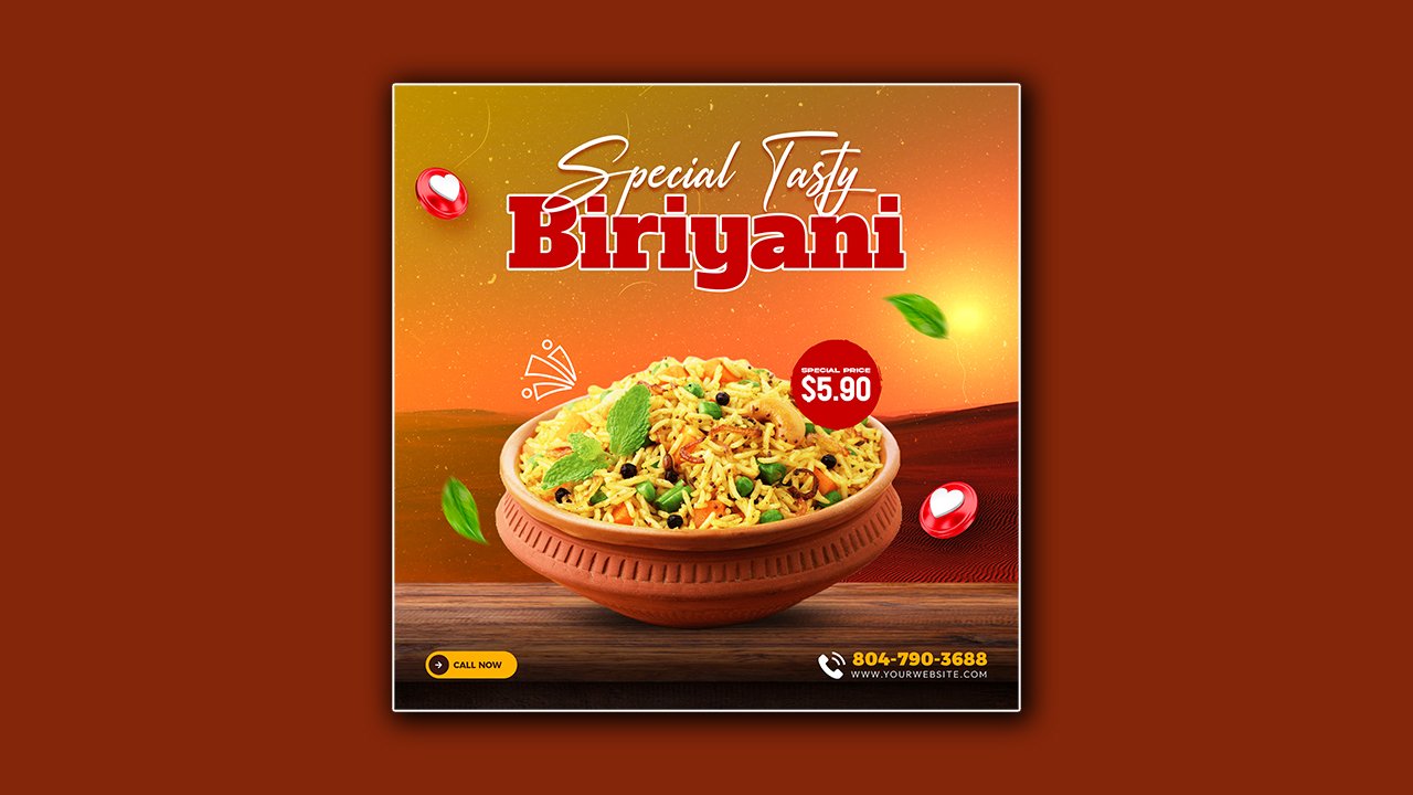 Tasty Biriyani food promotion poster template design – PSD File Free Download