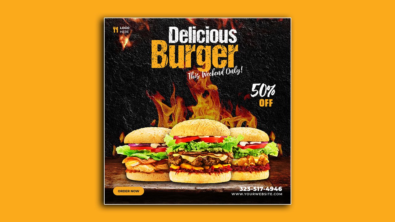Delicious burger food menu social media post template – PSD File Free Download