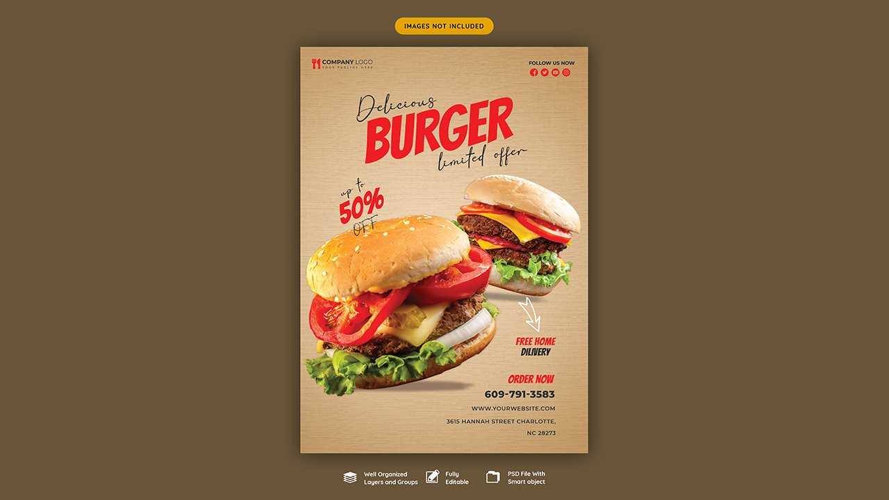 Delicious burger food menu flyer template – PSD Free Download
